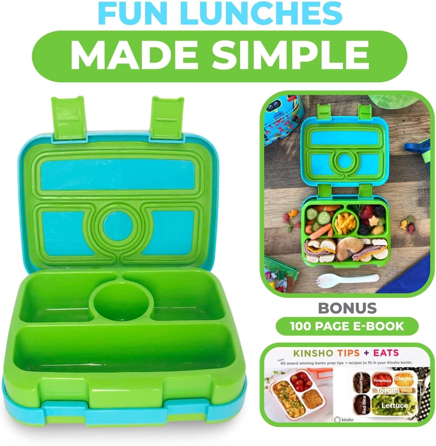 Kids Lunch Box - Bento Box for Boys Toddler Daycare, 4 Portion Sections with Lid, Snack Container Pre-School Kid Lunches Toddlers Removable Tray BPA Free, 3+ Years Old, Blue Rocket Dinosaur