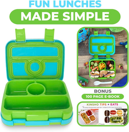 Kids Lunch Box - Bento Box for Boys Toddler Daycare, 4 Portion Sections with Lid, Snack Container Pre-School Kid Lunches Toddlers Removable Tray BPA Free, 3+ Years Old, Blue Rocket Dinosaur