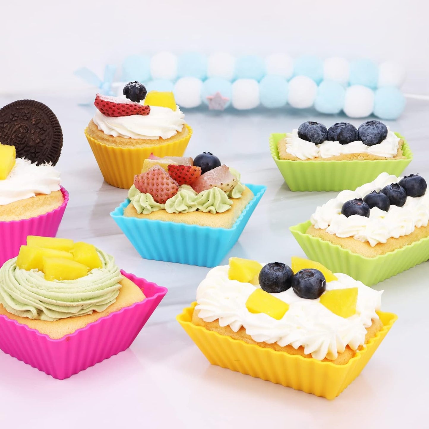 24Pack Silicone Muffin Cups, Reusable Cupcake Liners Molds for Baking, 3 Shapes Lunch Box Bento Dividers-Round, Square, and Rectangular (Orange Series, Regular Size)