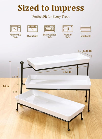 Yedio 3 Tier Serving Trays for Party, Porcelain Serving Platters and Trays, 12 Inch Tiered Tray Stand, Fruit Tray, Trays for Serving Food, White Dessert Stand with Collapsible Sturdier Metal Rack