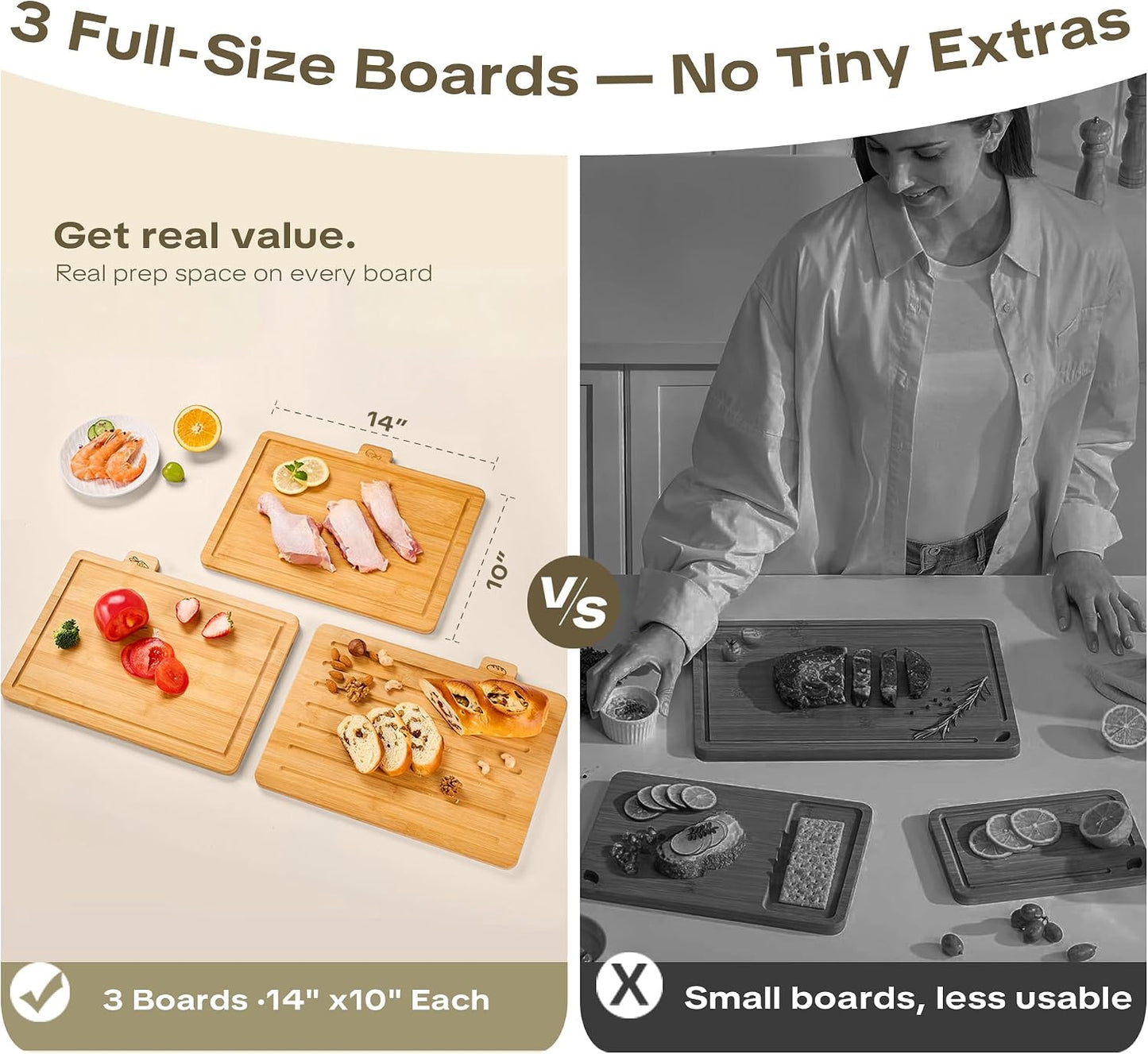 Bamboo Cutting Boards for Kitchen Set of 3, Large 14’’ x 10’’ with Holder, Wooden Cutting Board with Juice Groove & Labels for Meat Vegetables Bread | Coktaseleg