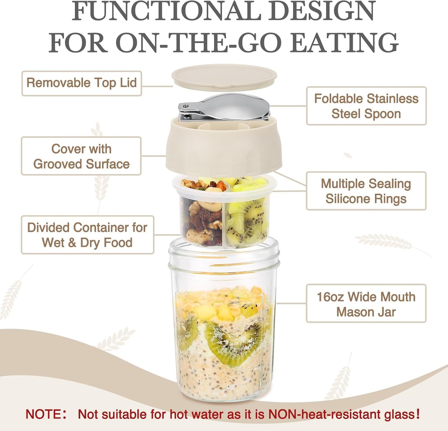 SOLIGT 4 Pack Overnight Oats Containers with Lids, Folding Spoons and Divided Compartments for Fruit & Nuts, Small Glass 16oz Mason Jars for Oatmeal (4 Set-Oat White/Green/Rose/Blue)