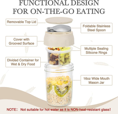 SOLIGT 4 Pack Overnight Oats Containers with Lids, Folding Spoons and Divided Compartments for Fruit & Nuts, Small Glass 16oz Mason Jars for Oatmeal (4 Set-Oat White/Green/Rose/Blue)