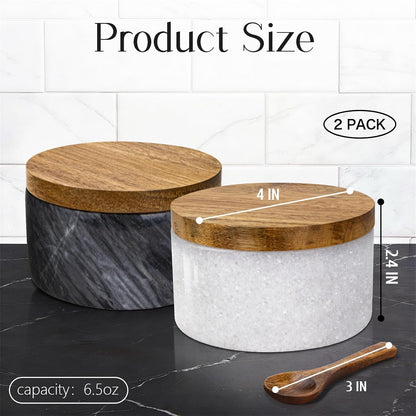 Marble Salt Cellar with Lid & Spoon, Salt Container, Salt Holder