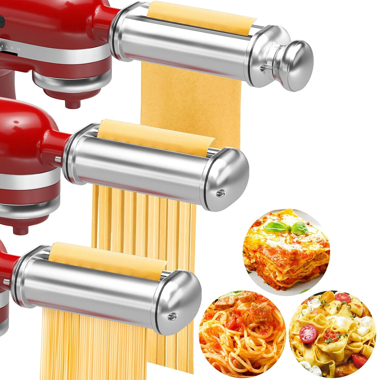 Pasta Maker Attachment for All Kitchenaid Stand Mixers, Kitchen Aid Pasta Attachments Included Pasta Dough Roller, Fettuccine Cutter, Spaghetti Cutter and Cleaning Brush