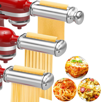 Pasta Maker Attachment for All Kitchenaid Stand Mixers, Kitchen Aid Pasta Attachments Included Pasta Dough Roller, Fettuccine Cutter, Spaghetti Cutter and Cleaning Brush