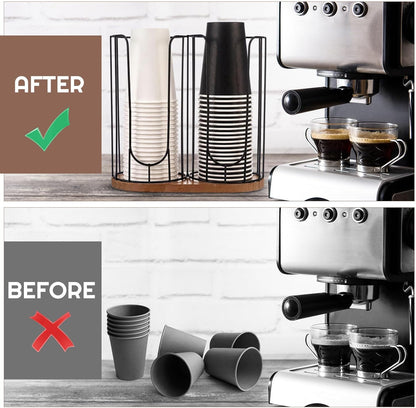 Geelin 18oz Adjustable Coffee Cup Dispenser with Wooden Base, Cup and Lid Holder, Cups Holder Organizer for Coffee Pod Straw and Lid Storage(2-compartment Single,Color 2)