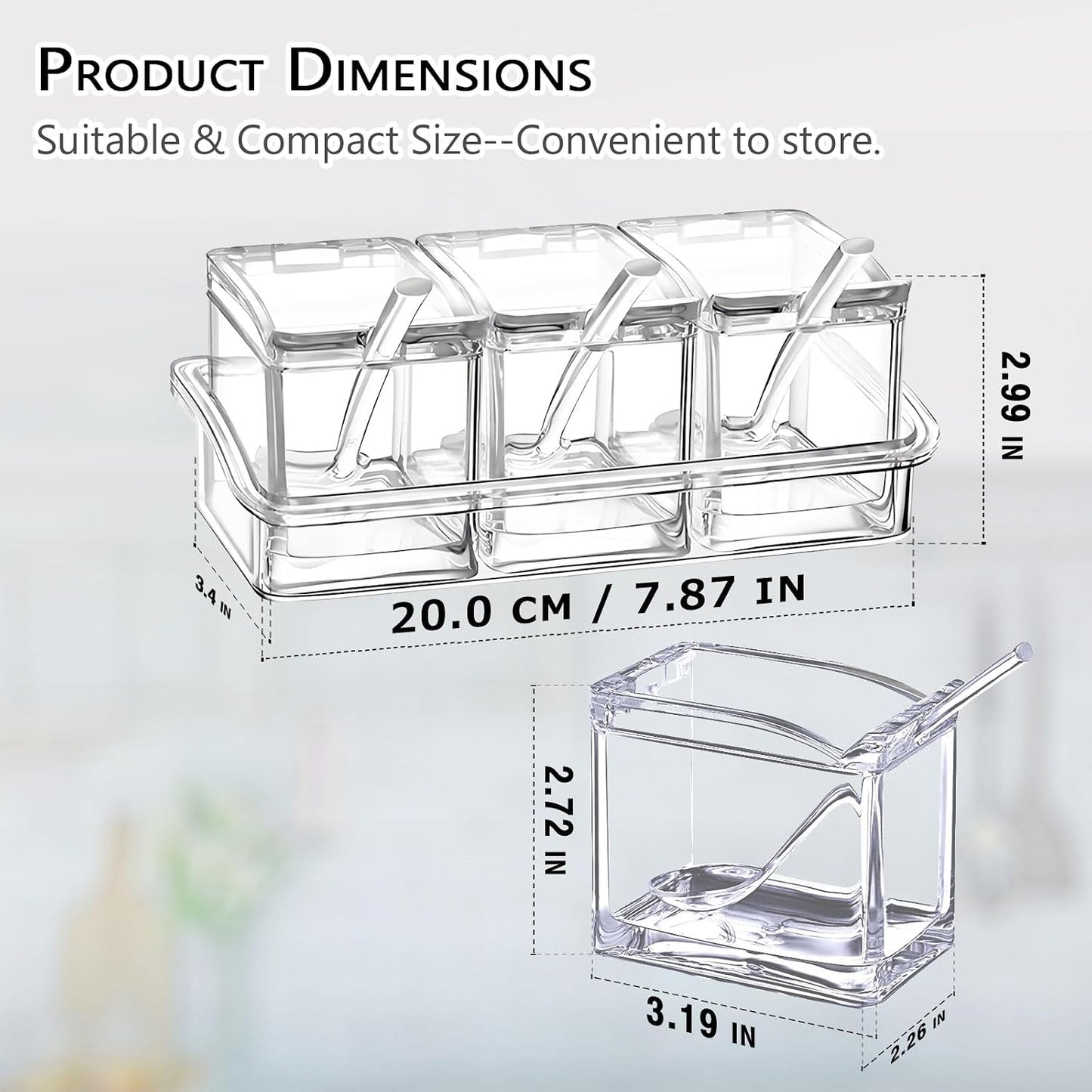 V·RESOURCING Clear Seasoning Box, 3 Pieces Seasoning Rack Spice Pots Storage Container for Spice Salt Sugar Cruet Liquid,Condiment Jars with 3 Spoons