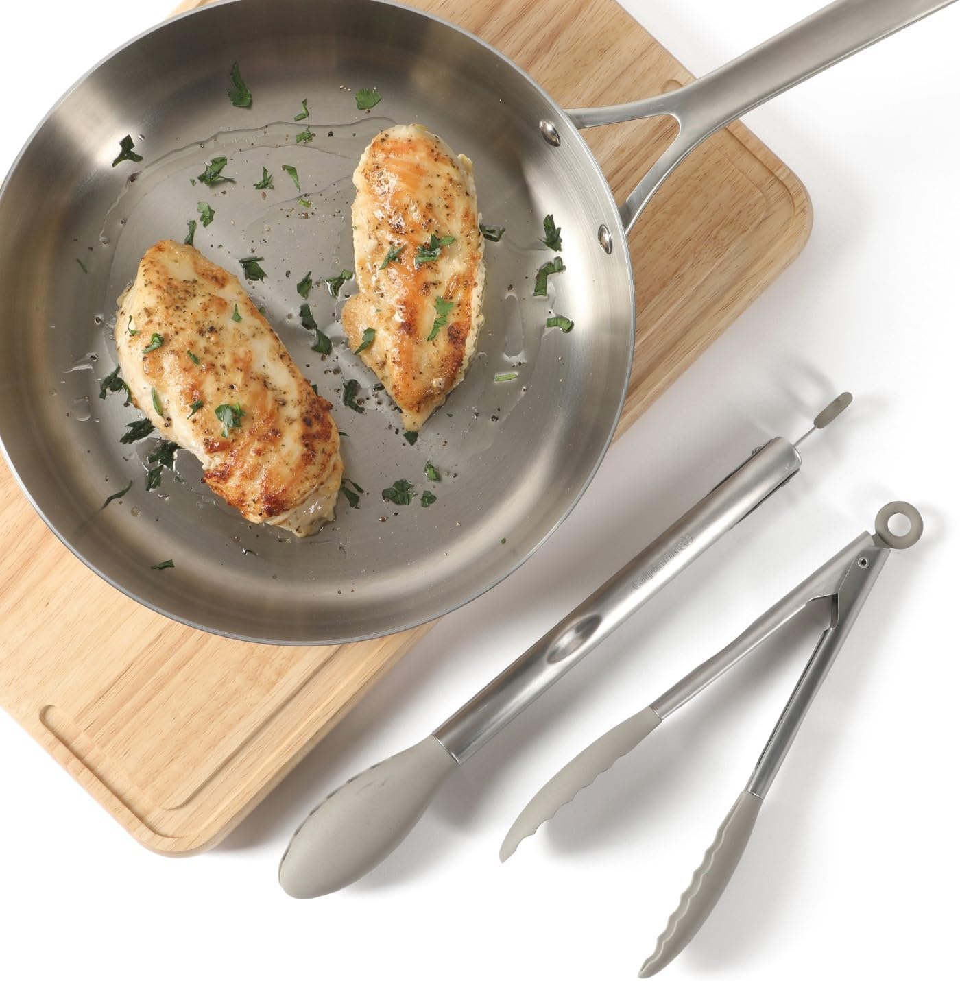 Calphalon Edge Tongs Set, 2-Piece Stainless Steel Kitchen Tongs Set with Silicone Heads, Includes 9-Inch & 12-Inch Heat-Resistant Locking Tongs for Cooking, Grilling & Serving, Taupe