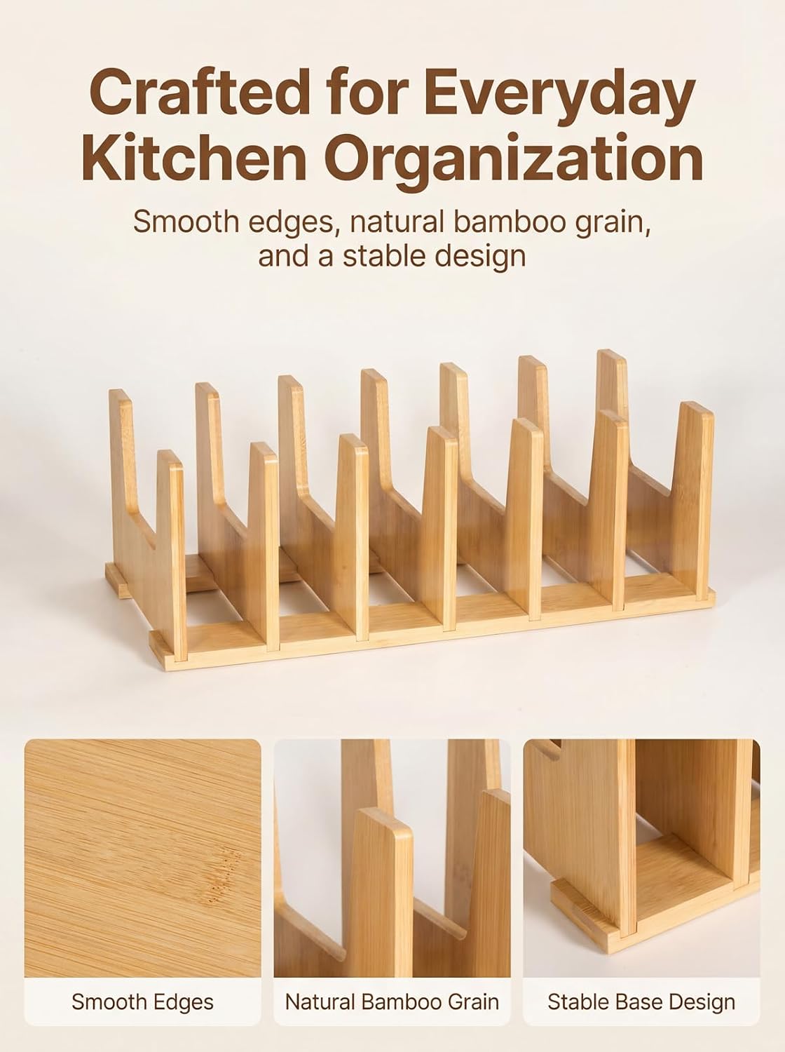 2 Pack Bamboo Pot Lid Organizer for Drawer & Cabinet, 6-Slot Lid Holder
