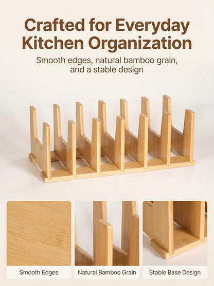 2 Pack Bamboo Pot Lid Organizer for Drawer & Cabinet, 6-Slot Lid Holder
