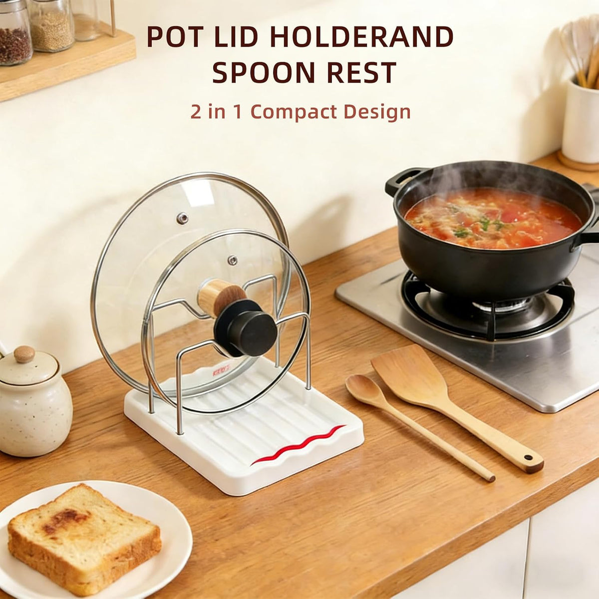 Pot Lid Holder and Spoon Rest, 2-in-1 Kitchen Counter Organizer with Stainless Steel Lid Holder While Cooking and Plastic Utensil Rest, Space Saving Pot Cover Rack for Stovetop and Countertop (Black)