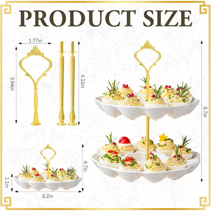 Potchen Multi Tier Ceramic Deviled Egg Platter Deviled Egg Tray Container, Detachable Eggs Holder Tower Wedding Party Food Container for Kitchen Countertop Microwave Dishwasher Freezer(Flower,3 Tier)