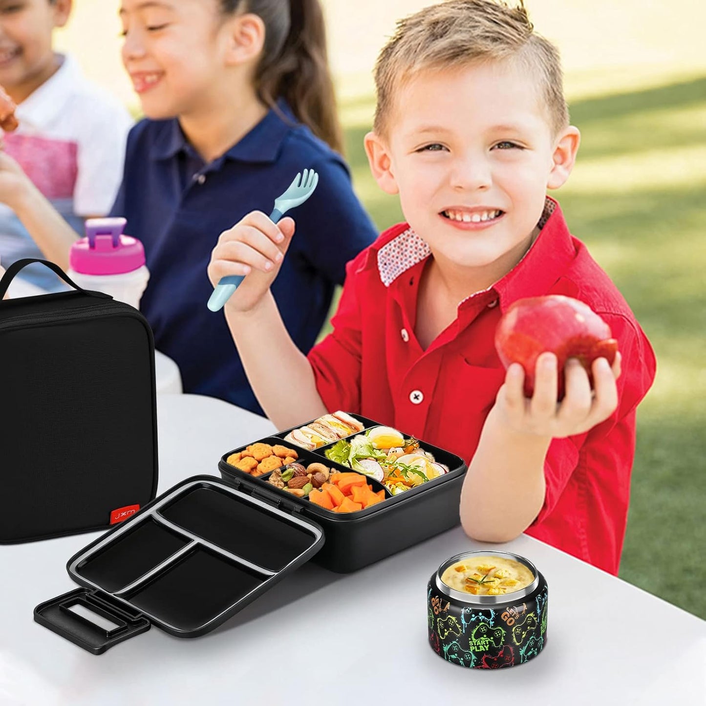 JXXM Bento Lunch Box for Kids With 8oz Soup thermo,Leak-proof Lunch Containers with 5 Compartment,thermo Food Jar and Lunch Bag, Food Containers for School (A-Blue(Extreme Locomotive))