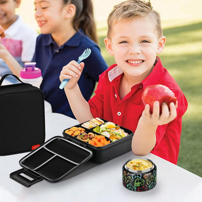 JXXM Bento Lunch Box for Kids With 8oz Soup thermo,Leak-proof Lunch Containers with 5 Compartment,thermo Food Jar and Lunch Bag, Food Containers for School (A-Blue(Extreme Locomotive))