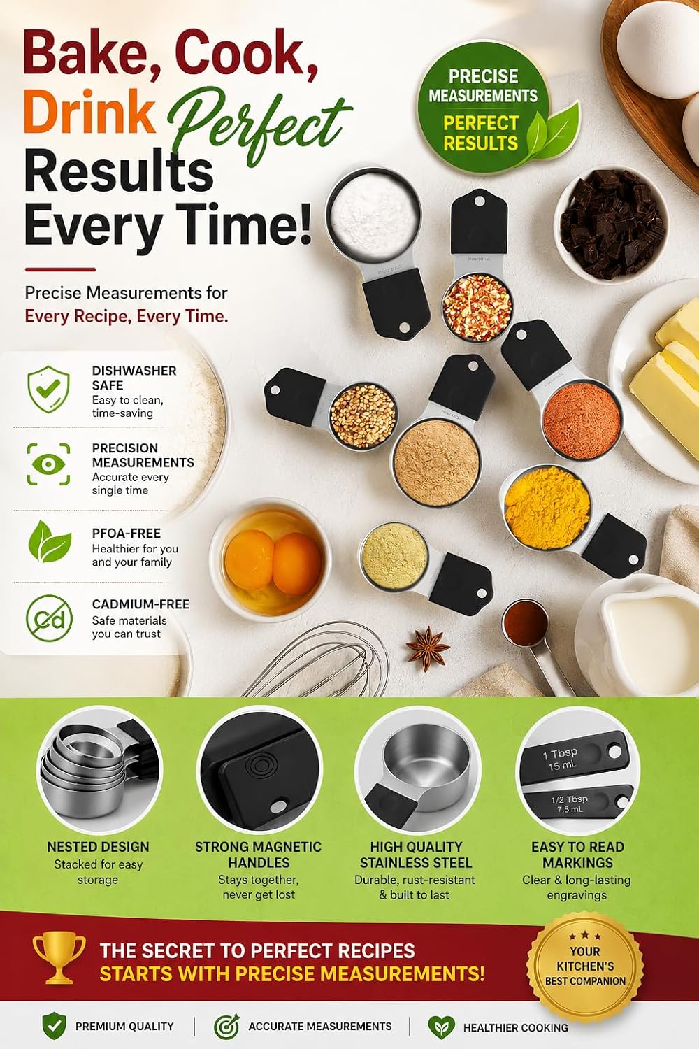Magnetic Measuring Cups and Spoons Set304 Stainless Steel Dual Scale Set of 15, Strong N52 Magnetic Nesting Design with Leveler, for Dry&Liquid Ingredients, Dishwasher Safe(Colorful)