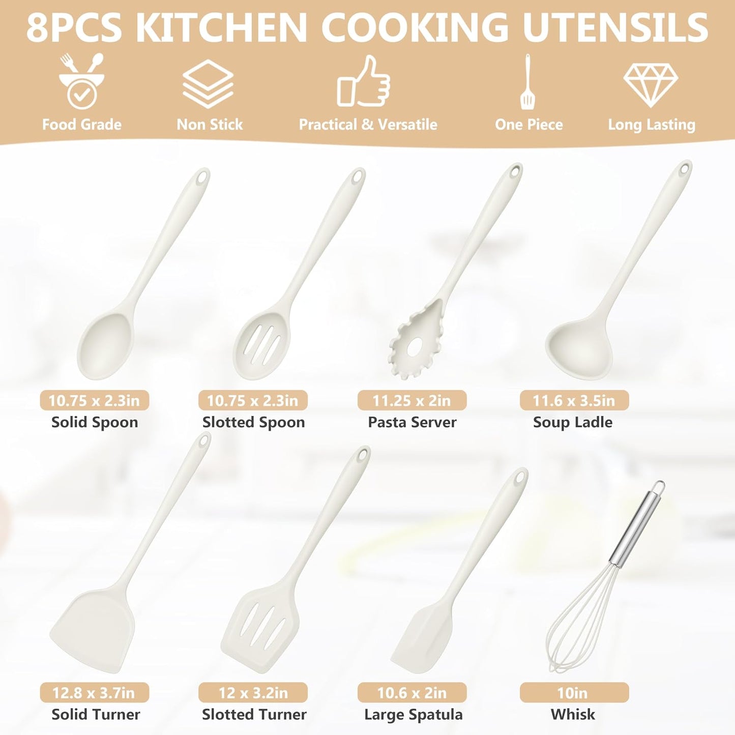 TeamFar Silicone Cooking Utensils Set, 8 PCS Kitchen Utensils Set, 446°F Heat Resistant, Turner, Spatula, Spoon, Whisk, Kitchen Cooking Gadgets Tools for Nonstick Cookware, Dishwasher Safe-Khaki