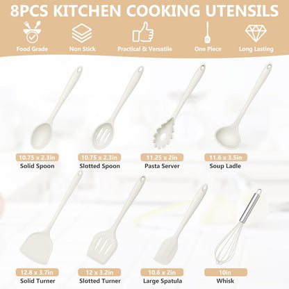 TeamFar Silicone Cooking Utensils Set, 8 PCS Kitchen Utensils Set, 446°F Heat Resistant, Turner, Spatula, Spoon, Whisk, Kitchen Cooking Gadgets Tools for Nonstick Cookware, Dishwasher Safe-Khaki