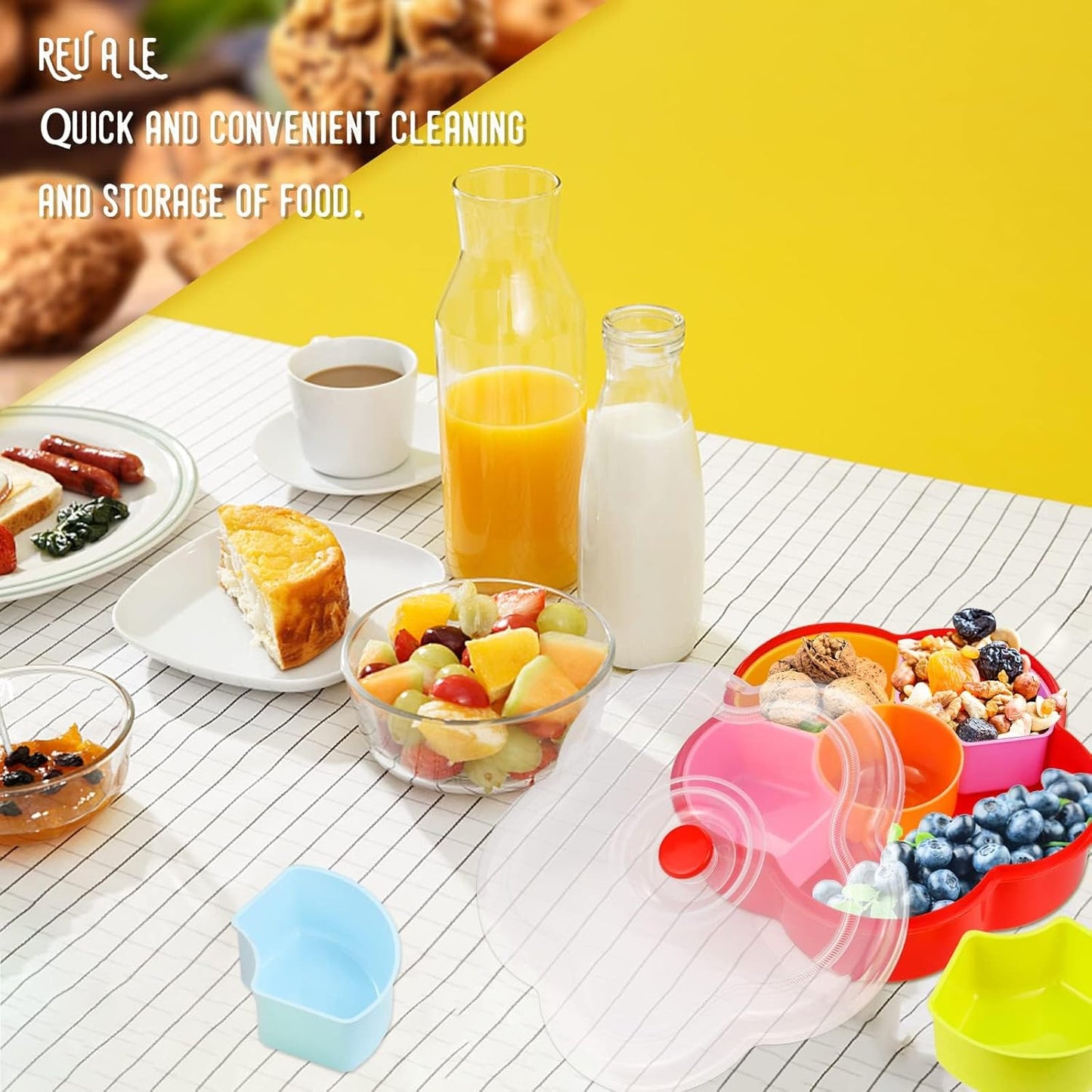 Divided Snack Serving Tray with Lid, Reusable Veggie Tray Snackle Box Container, Colored Flower Shaped Fruit Trays Large, Candy and Nut Snack Tray Appetizer Platter for Party, Travel