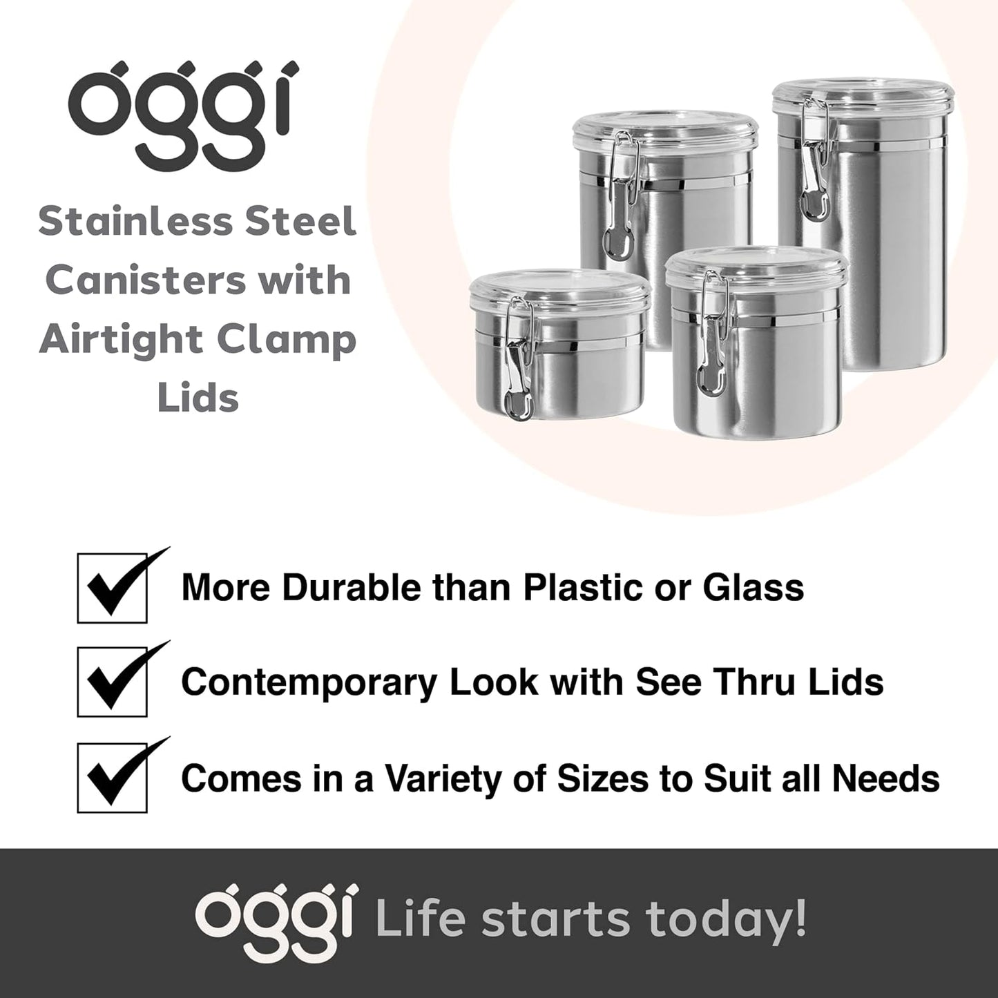Oggi Set of 4 Stainless Steel Kitchen Canisters - Airtight Clamp Lid, Clear See-Thru Top - Ideal for Kitchen Storage, Food Storage, Pantry Storage - Includes 1 each: 26oz, 36oz, 47oz, 62oz.
