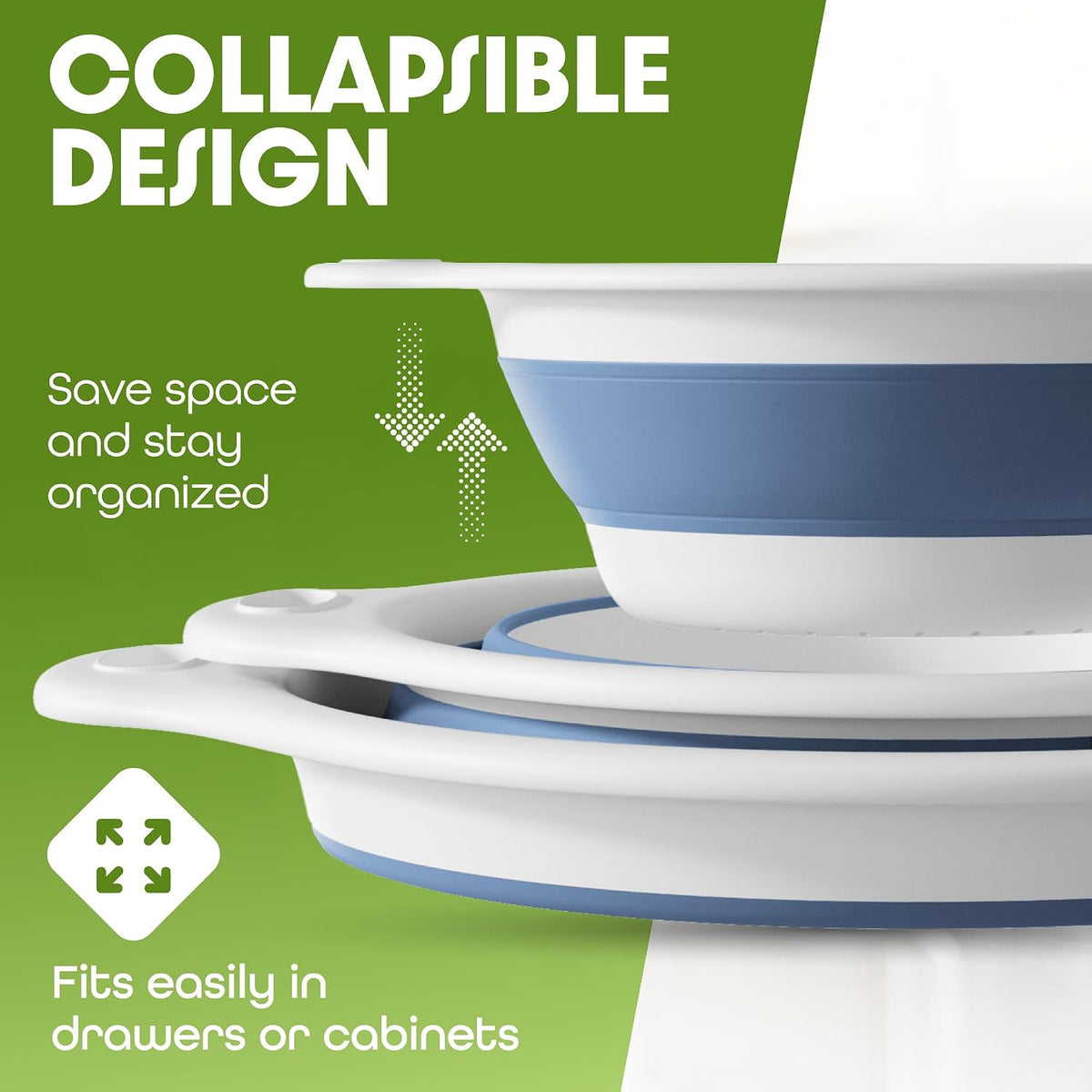 Collapsible Colanders (2 Pack Set) Food Strainers with Over-Sink Water Draining Base for Pasta Fruits and Vegetables (4 and 5 Quart) - White Beige