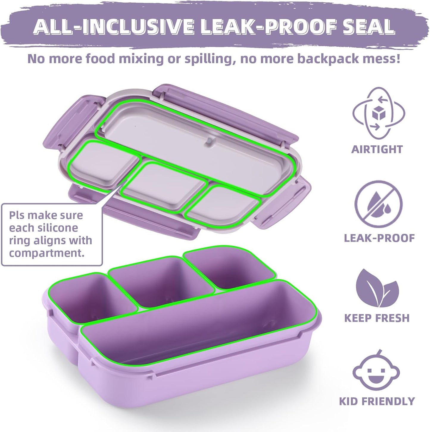 QQKO Bento Lunch Box for Kids Girls Boys, Toddler Kids Lunch Boxes for School, Lunch Containers for Adults with 4 Compartments, Sauce Container, Utensils, Food Picks and Muffin Cups, Purple