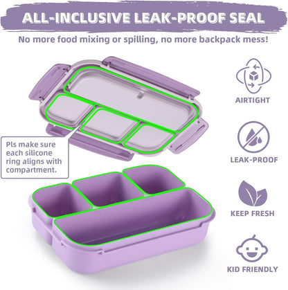 QQKO Bento Lunch Box for Kids Girls Boys, Toddler Kids Lunch Boxes for School, Lunch Containers for Adults with 4 Compartments, Sauce Container, Utensils, Food Picks and Muffin Cups, Purple