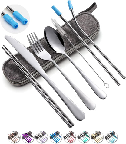 Travel Utensils Set with Case Reusable Portable Cutlery Set Stainless Steel 8pcs Including Dinner Knife Fork Spoon Chopsticks Straws(Rainbow)