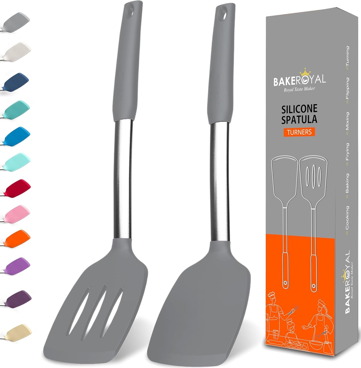 BakeRoyal Silicone Spatula Set - Turner Spatulas Silicone Heat Resistant 600°F - Slotted & Solid Spatula for Cooking Fish, Eggs, Pancakes Flipper – Spatulas for kitchen use – Black