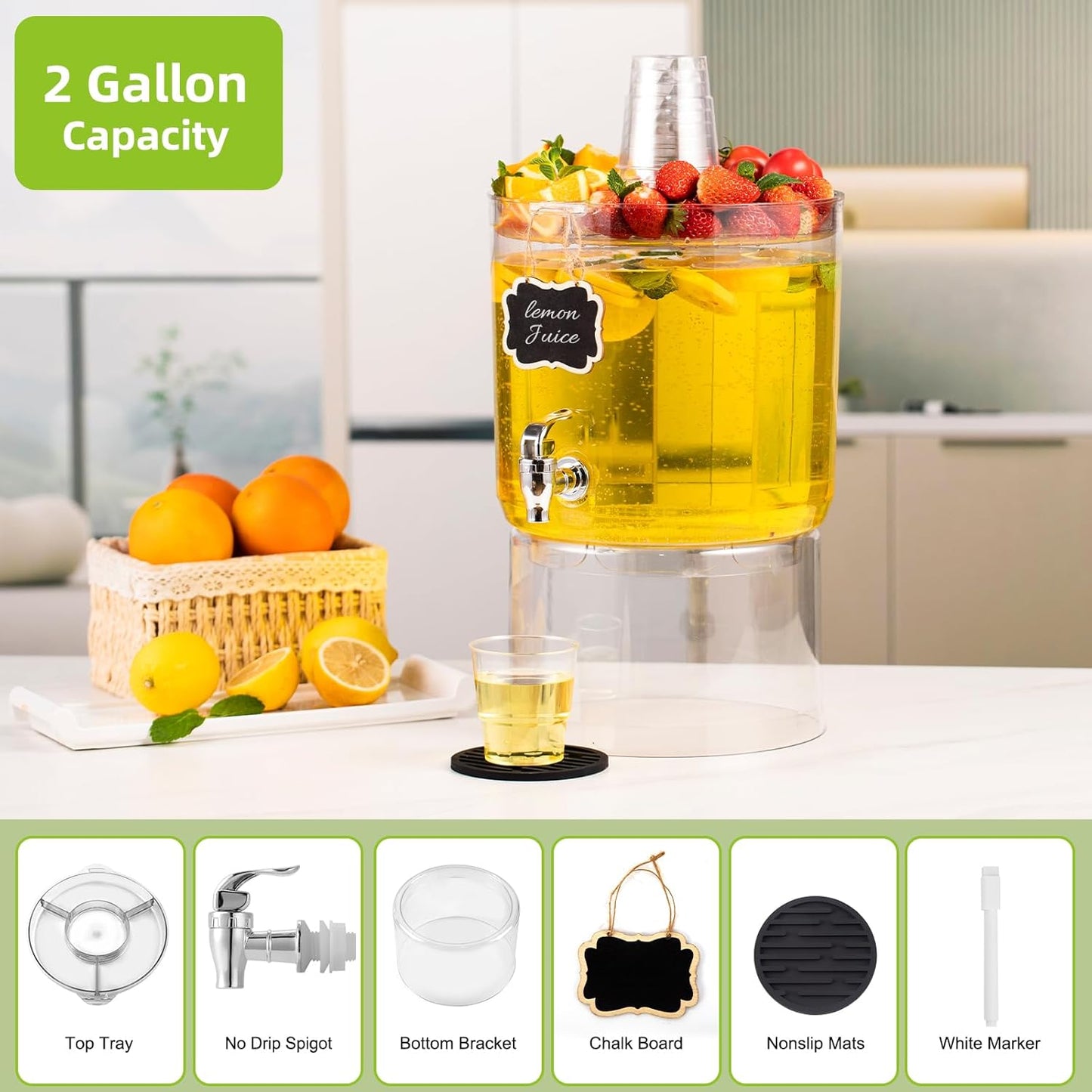 2 Gallon Beverage Dispenser for Parties, BPA-Free Drink Dispenser with No Drip Spigot, Juice Dispensers with Stand, Transparent Plastic Water Dispenser Countertop for Punch, and Drink Fountains