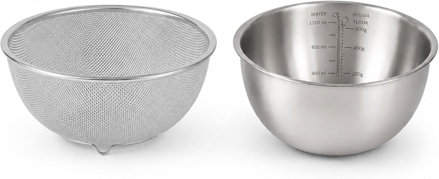 304 Stainless Steel Colander Set, 1.5QT Colander with Bowl, 30-Mesh Micro Perforated Strainer for Rice, Quinoa, Pasta, Fruits & Vegetables,2 pack