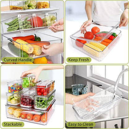 14 Pack Fridge Organizer, Stackable Refrigerator Organizer Bins with Lids PBA-Free, Clear Fridge Organizers and Storage for Kitchen, Countertops, Cabinets, Fridge, Drinks, Fruits, Vegetable, Cereals