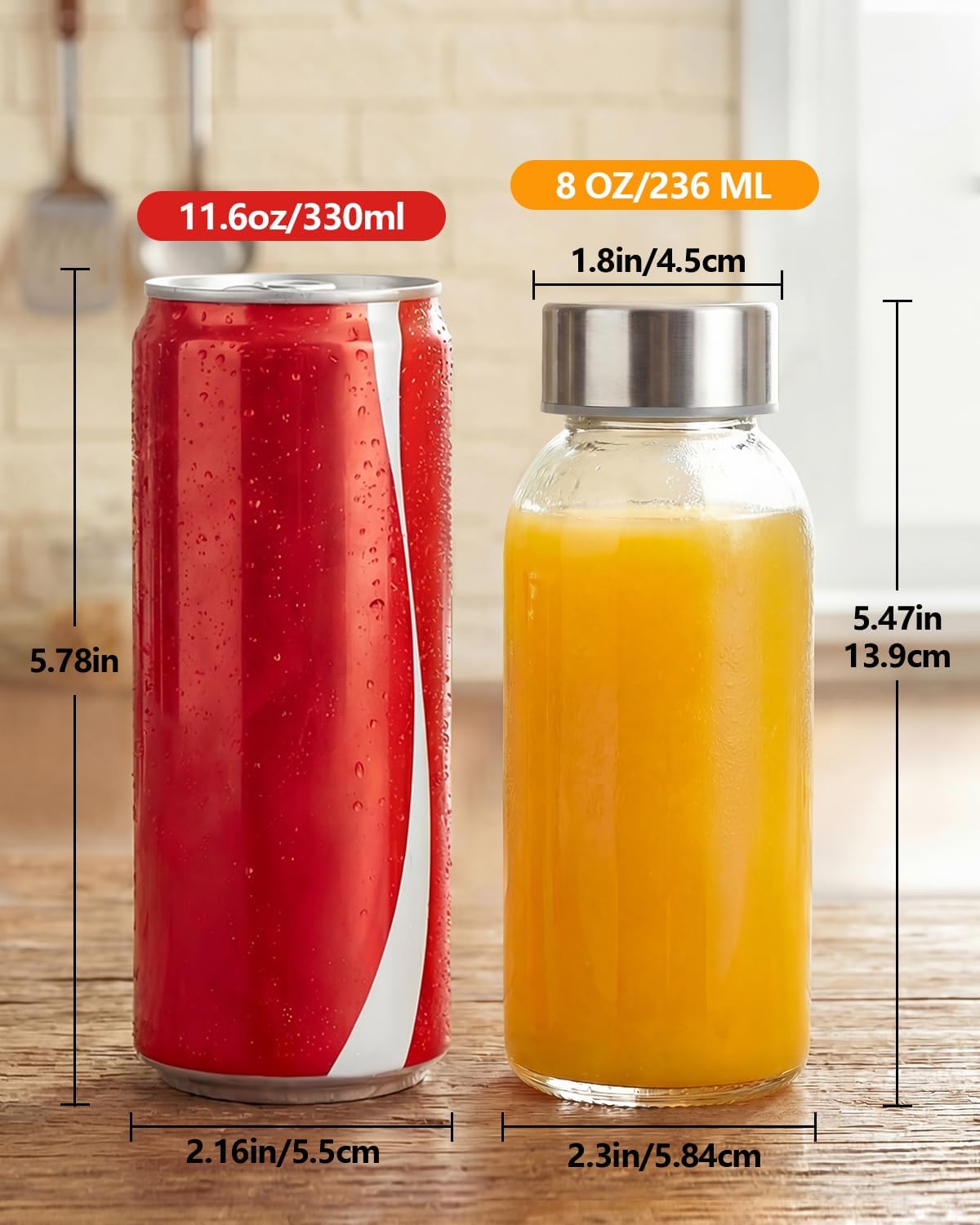 Zukro Glass Juice Bottles with Lids for Juicing 18 oz, Reusable Clear Glass Water Bottles with Stainless Steel Airtight Cap for Refrigerator, 100% Leak Proof Drinking Jar, BPA Free, Set of 6