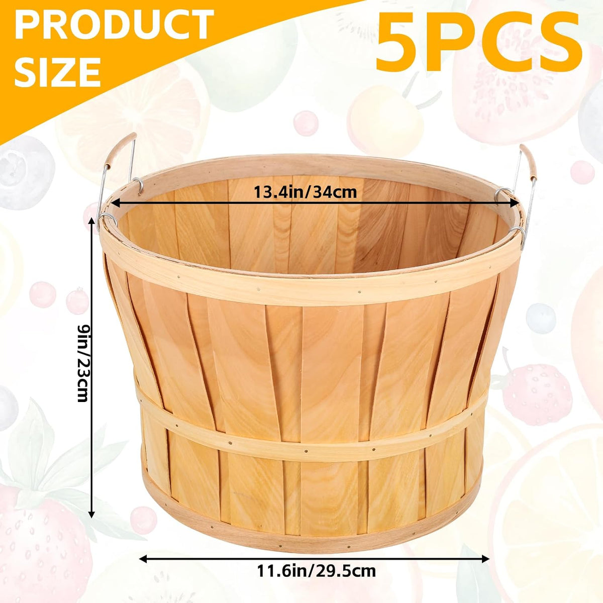 5 Pack Jumbo Half Bushel Baskets 14 x 9.5 Inch, Large Natural Wooden Harvest Apple Baskets with Handles for Harvest Fruit Plants, Farmers Market, Produce, and Home Storage Use