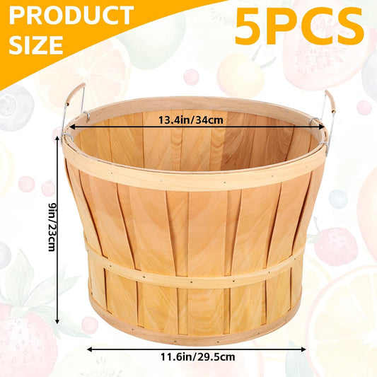 5 Pack Jumbo Half Bushel Baskets 14 x 9.5 Inch, Large Natural Wooden Harvest Apple Baskets with Handles for Harvest Fruit Plants, Farmers Market, Produce, and Home Storage Use