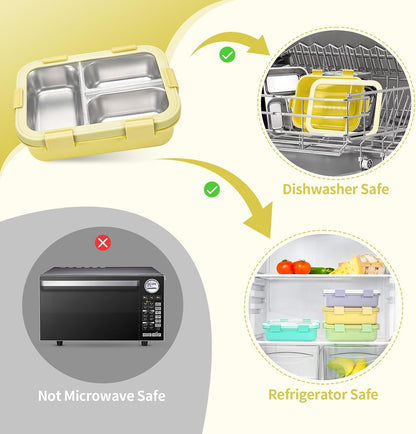 Kids Stainless Steel Bento Box, 3 Compartments Leakproof Lunch Box, Portable Food Storage Containers with Silicone Lids BPA-Free for Office, Picnics, Travel, Blue