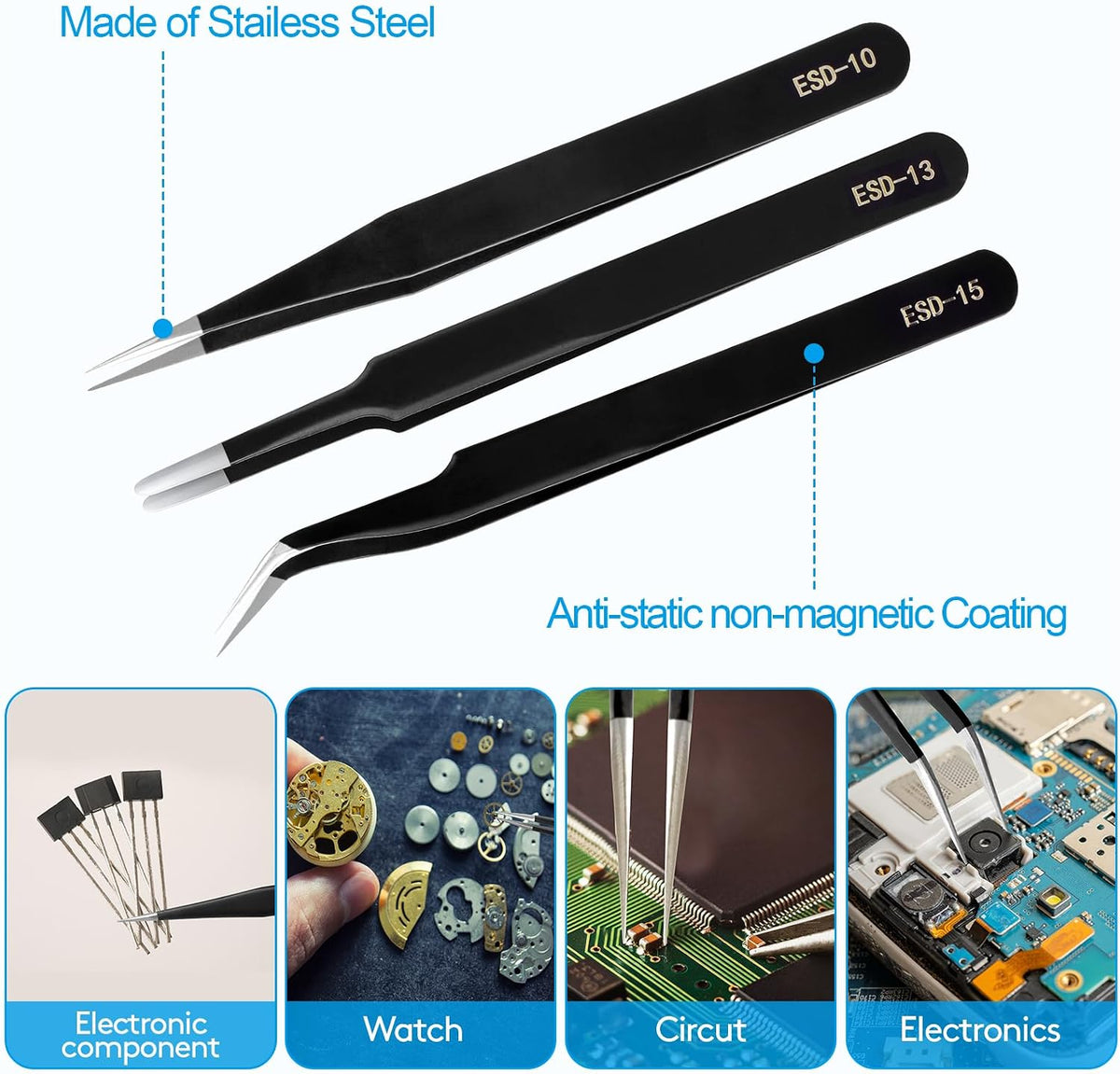 YHYZ Precision Tweezers Set, Premium Stainless Steel Anti-Static ESD Tweezes, Suitable for Tweezers, for Craft, Electronic, Soldering, Model, Hobby, Jewelry Making Laboratory