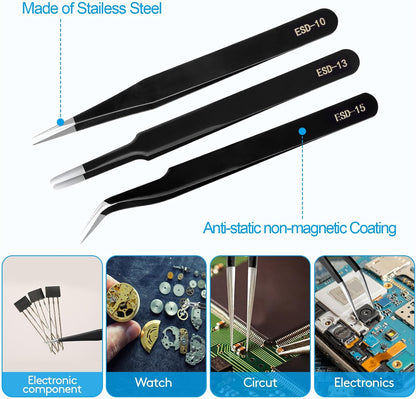 YHYZ Precision Tweezers Set, Premium Stainless Steel Anti-Static ESD Tweezes, Suitable for Tweezers, for Craft, Electronic, Soldering, Model, Hobby, Jewelry Making Laboratory