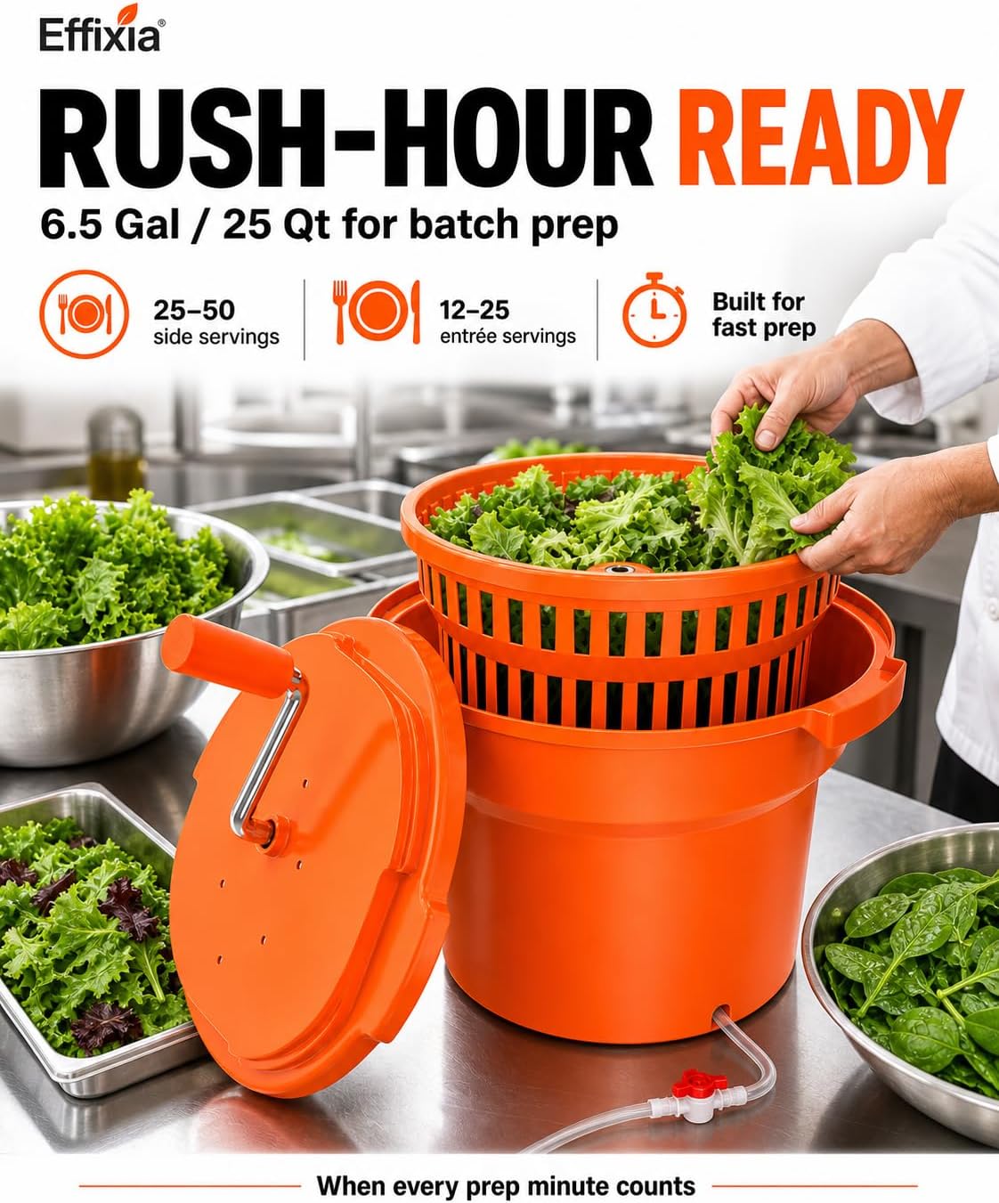 Commercial Salad Spinner - 3 Gallon Large Capacity Lettuce Dryer with 10 Ft Drain Hose & Stop Valve, 12Qt Manual Vegetable Spinner for Restaurants, Catering and Meal Prep