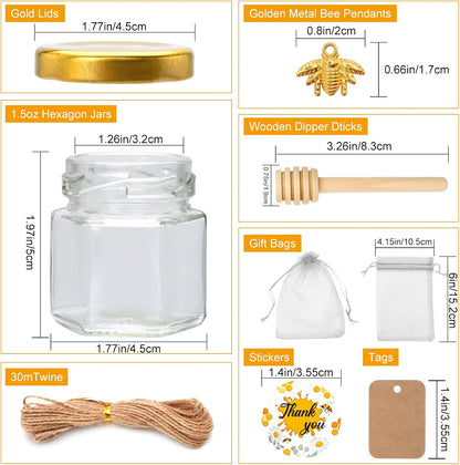 XING-RUIYANG 1.5 oz Hexagon Mini Glass Honey Jars -30Pack Honey Jars with Wood Dipper, Gold Lid, Bee Pendants, Jutes - Perfect for Baby Shower, Wedding Favors, Party Favors