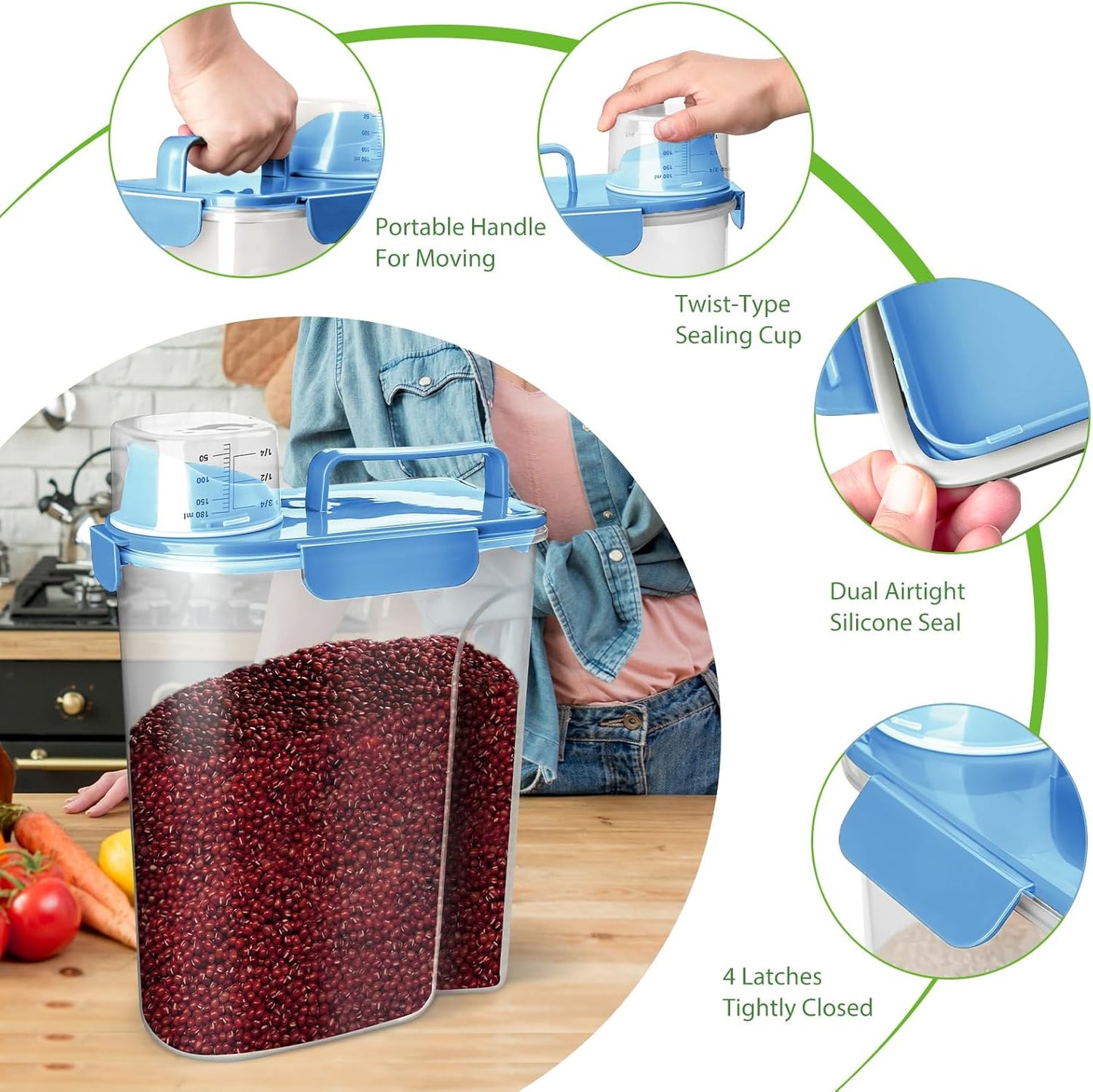 Viretec Rice Storage Container, 15 to 20lb Dry Food Airtight Dispenser, Pet Dog Cat Food Canister, BPA Free Clear Plastic Kitchen and Pantry Bin for Oatmeal, Cereal, Pasta, Flour Pack of 2 Grey