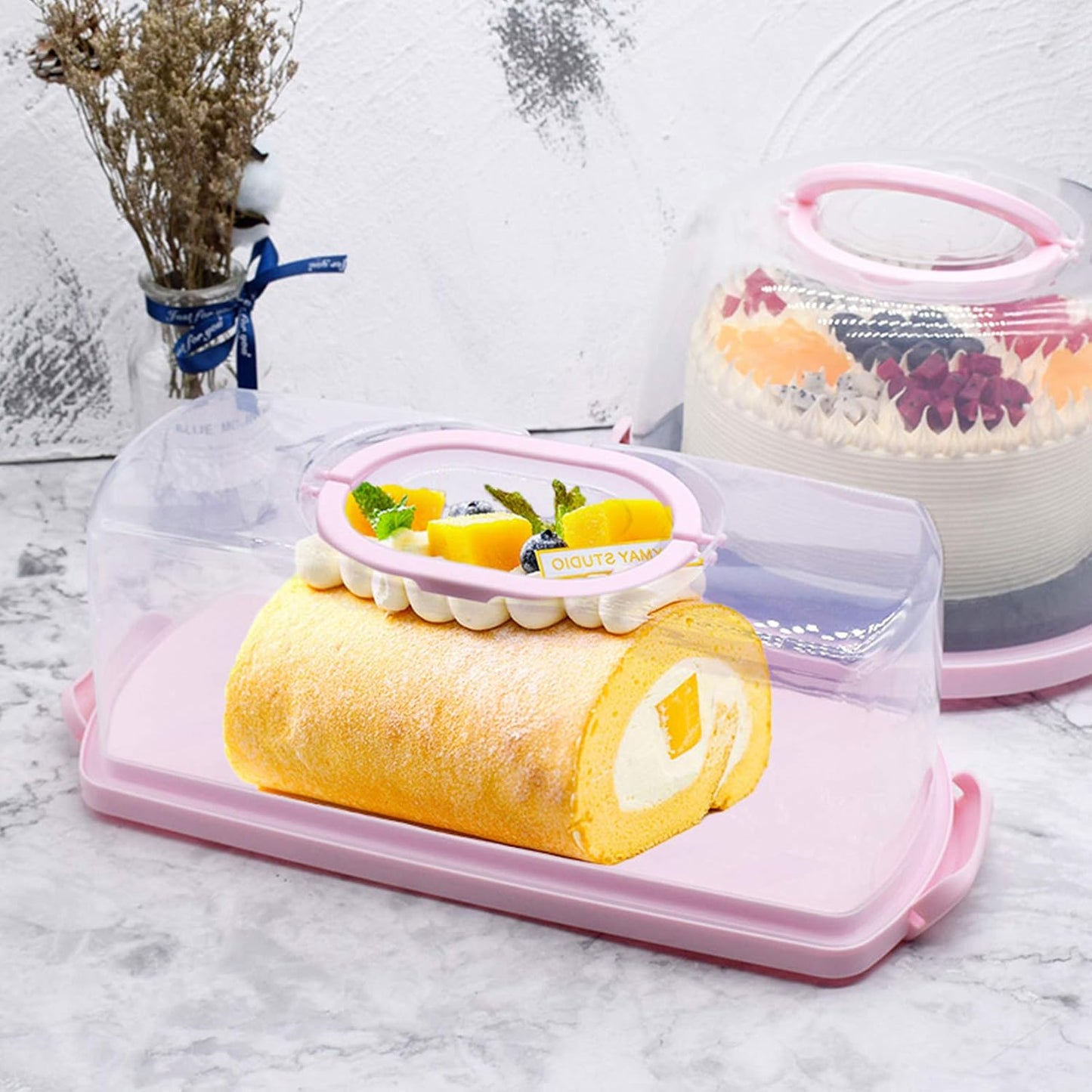 Plastic Rectangular Bread Box with Portable Handle, Loaf Cake Storage Container Box for Storing Banana Bread,Pumpkin Bread (Rectangular-White)