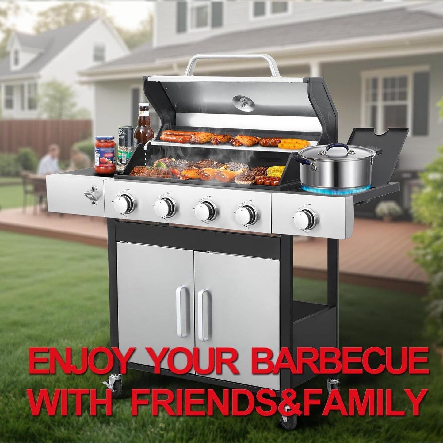 6-Burner BBQ Grill with Side Burner - 69,000 BTU Propane Gas Grill with Cast Iron Grate, Stainless Steel - 620 Sq. In. Cooking Area Cabinet Style Outdoor Grill for Barbecue & Backyard