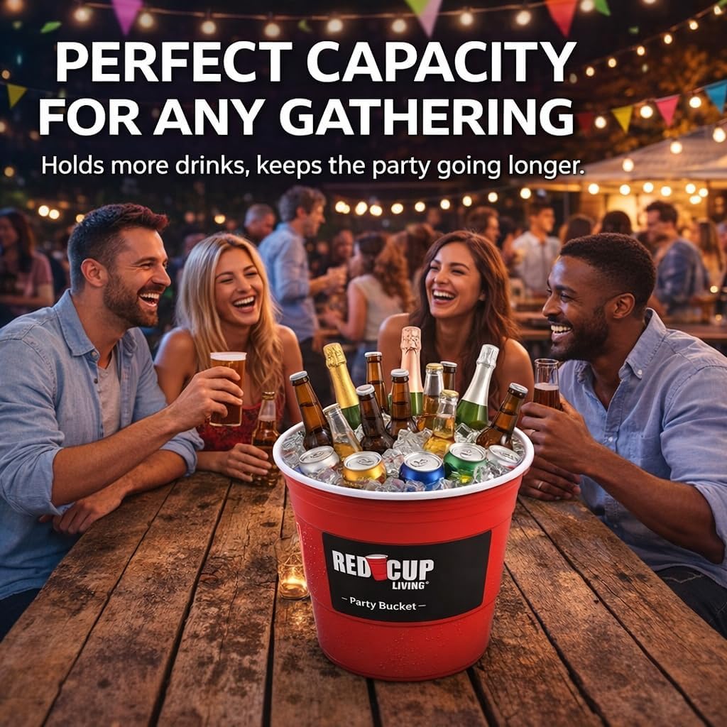 Red Cup Living Large Party Ice Bucket, 201 oz Insulated Drink Cooler for Parties, Bar & Kitchen, Durable Plastic Beer, Wine & Champagne Beverage Tub for Holiday