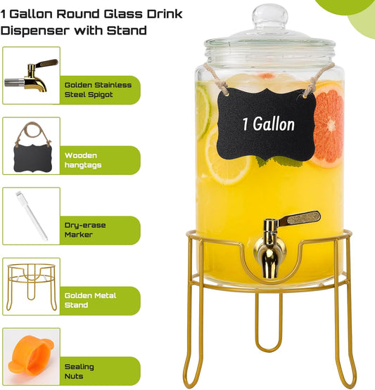 DHSBTLS 1 Gallon Glass Drink Dispensers, Round Beverage Dispenser for Party, BBQ and Picnic, Clear Airtight Juice Dispenser with Golden Stand, Stainless Steel Spigot, Markers and Chalkboard