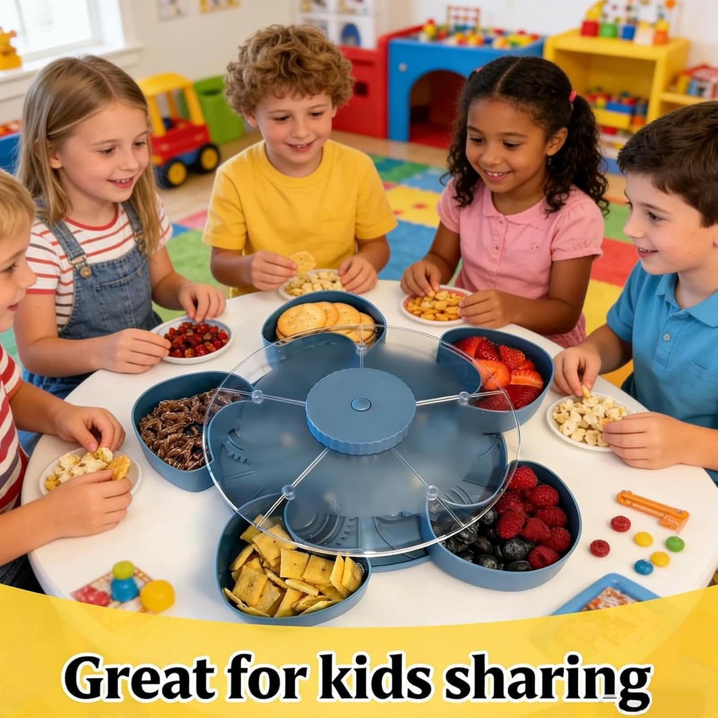 Divided Serving Tray that Spins - Perfect for Snacks, Dips & Party Appetizers, Rotating Snack Box Container with Lid, Organizer Veggie Fruit Tray for Kitchen,Travel and Picnic (Grey)