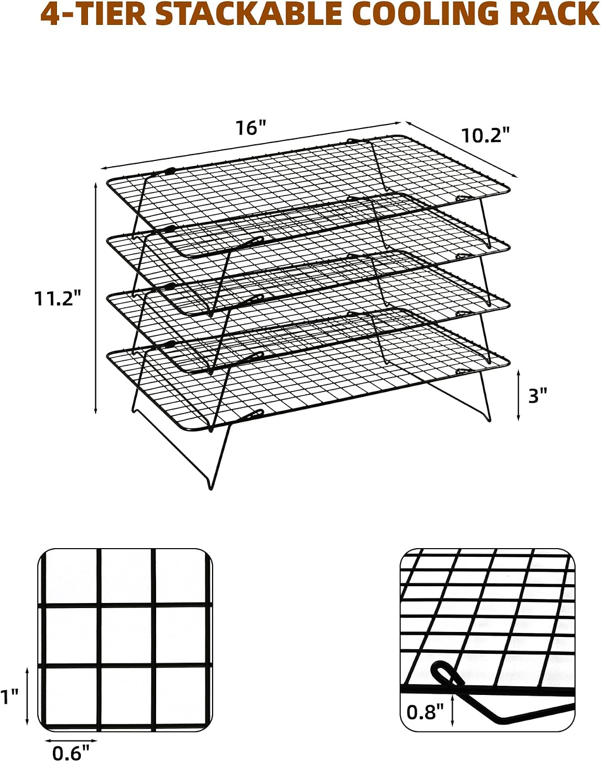 Cooling Rack 16"x10", 3-Tier Stackable & Collapsible Cooling Racks