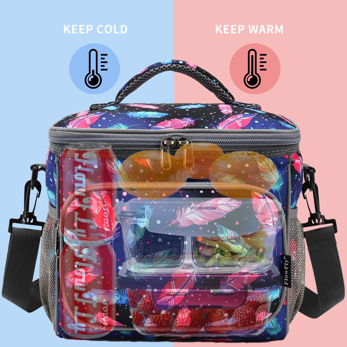 FlowFly Insulated Reusable Lunch Bag Adult Large Lunch Box for Women and Men with Adjustable Shoulder Strap,Front Zipper Pocket and Dual Large Mesh Side Pockets,Cherry - Colors B