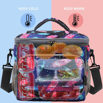 FlowFly Insulated Reusable Lunch Bag Adult Large Lunch Box for Women and Men with Adjustable Shoulder Strap,Front Zipper Pocket and Dual Large Mesh Side Pockets,Cherry - Colors B