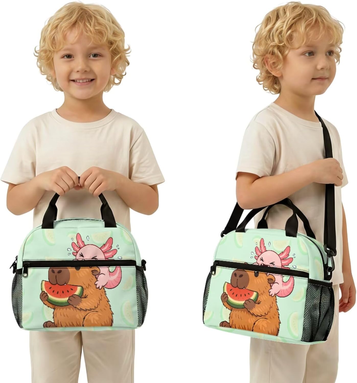 Cute Capybara Pizza Backpack for Girls, 5 Pcs Boys School Bag Set for Kids, 17 Inch Backpacks Lunch Pencil Box Reusable Utensils Case Set for Middle Elementary School, 3rd Grade Backpack